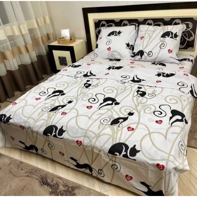Комплект постельного белья Soft полуторный 150х215 см черные коты на белом Комплект постельного белья Soft полуторный 150х215 см черные коты на белом